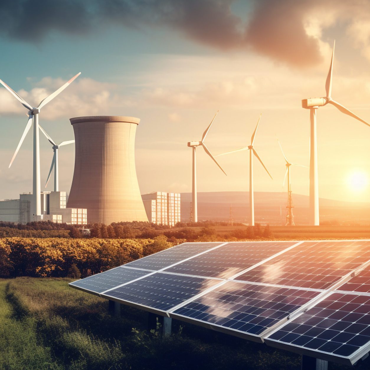 Sunset sky powers wind and solar energy generated by artificial intelligence